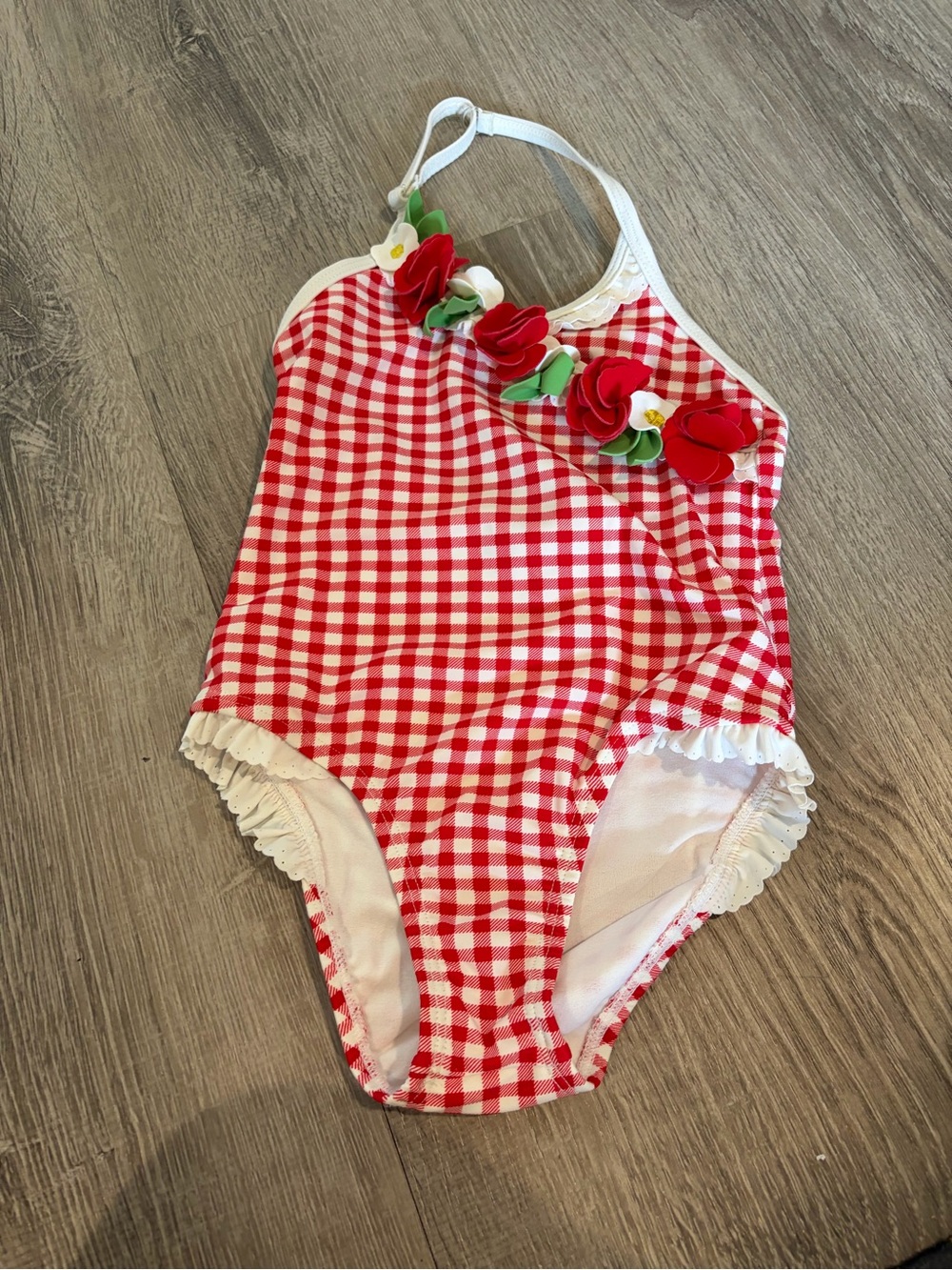 Mayoral Red and White Gingham Floral Trim One-Piece Swimsuit